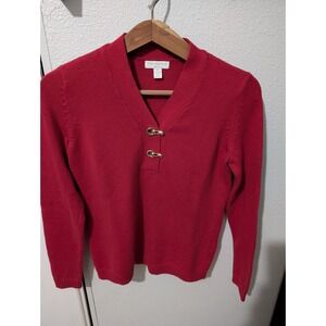 Charter Club Red VNeck Sweater Gold Hardware Detail Clasps Women's Petite Small